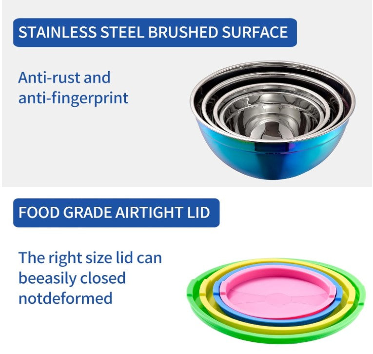 8-piece Rainbow Iridescent Metal Stainless Steel Mixing Baking and Cooking Bowls with Color Lids