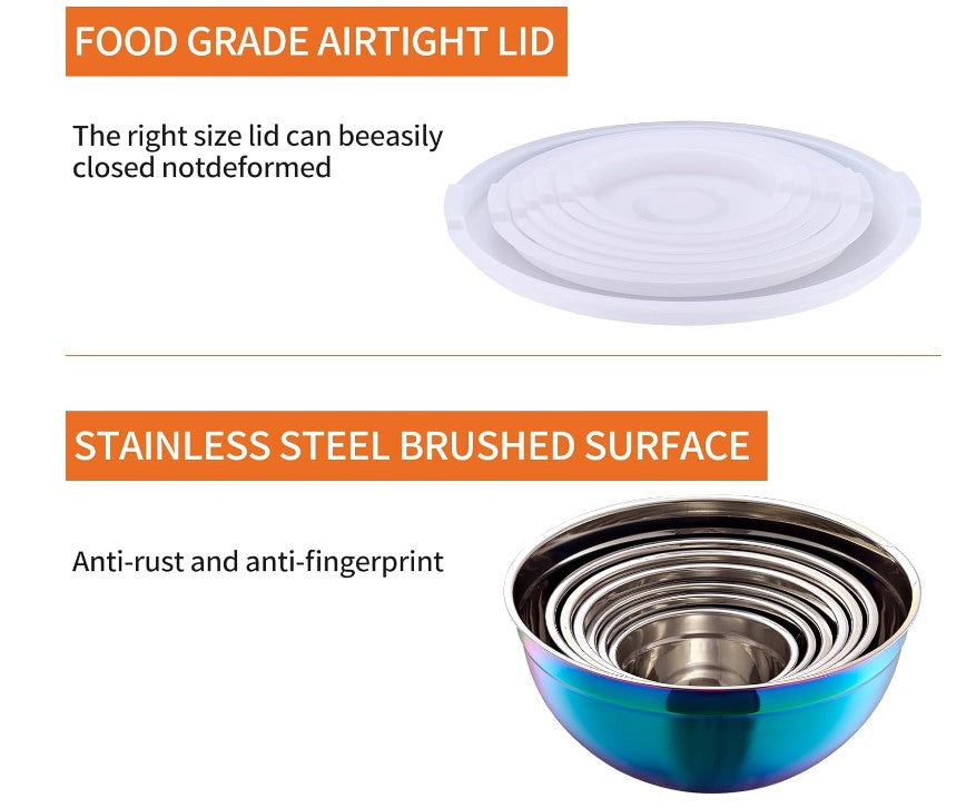 8-piece Rainbow Iridescent Metal Stainless Steel Mixing Baking and Cooking Bowls with Color Lids