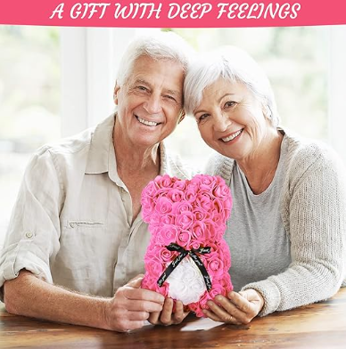 Unique Handmade Floral Color Rose Bears with Jewlry Heart Pendent Necklace Pouch Card Balloon and Lights for Christmas Halloween Mother's Day Valentines Day Birthday Lover Friend Wife Gift Set