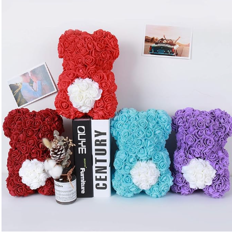 Unique Handmade Floral Color Rose Bears with Jewlry Heart Pendent Necklace Pouch Card Balloon and Lights for Christmas Halloween Mother's Day Valentines Day Birthday Lover Friend Wife Gift Set
