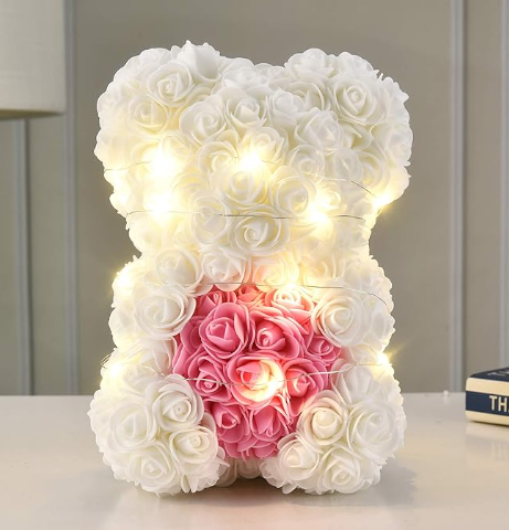 Unique Handmade Floral Color Rose Bears with Jewlry Heart Pendent Necklace Pouch Card Balloon and Lights for Christmas Halloween Mother's Day Valentines Day Birthday Lover Friend Wife Gift Set