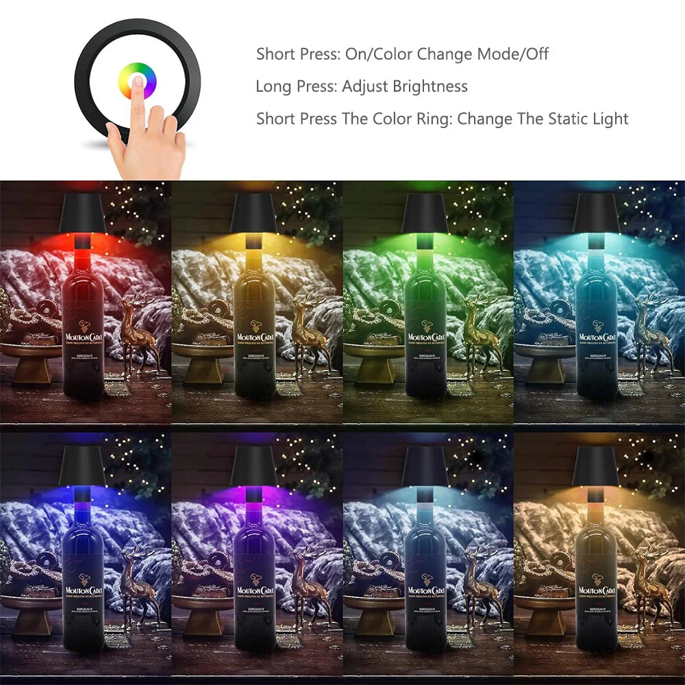 Creative Portable Dimmable Wireless Wine Liquor Bottle Waterproof Touch Desk Lamp with Color Lights for Restaurants Clubs Bars