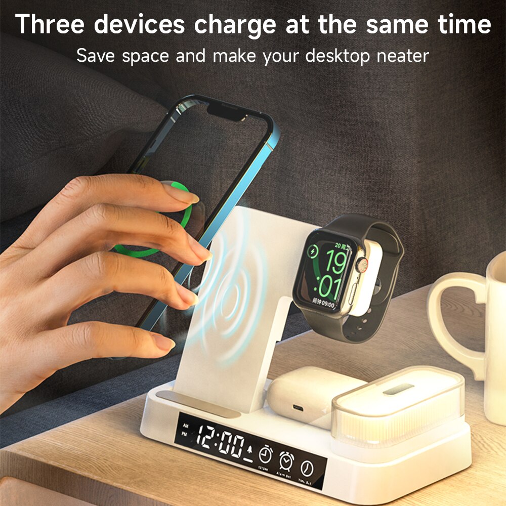 4 in 1 Foldable Multifunction Wireless Charging Station with Alarm Clock Display for iPhone Samsung Apple Watch Air Pods Charger with 7 Colors RGB Night Light