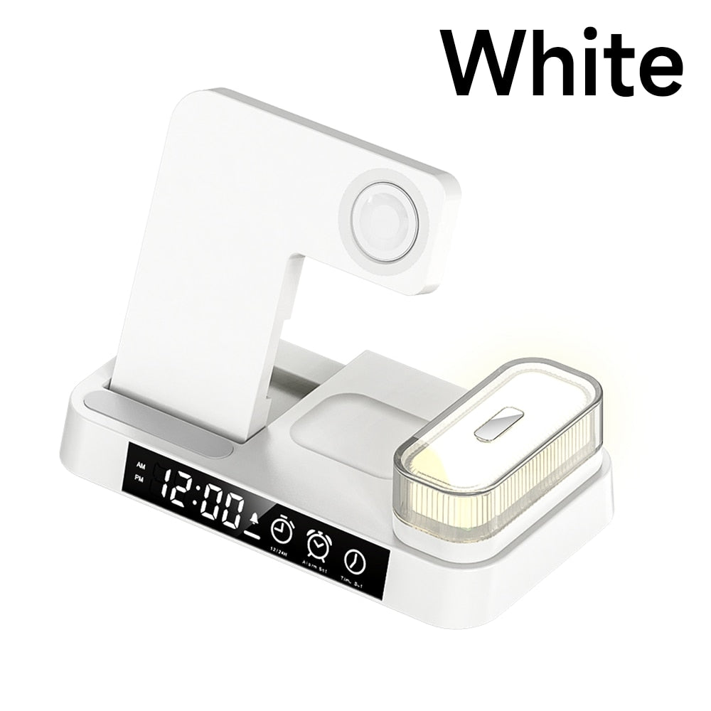 4 in 1 Foldable Multifunction Wireless Charging Station with Alarm Clock Display for iPhone Samsung Apple Watch Air Pods Charger with 7 Colors RGB Night Light