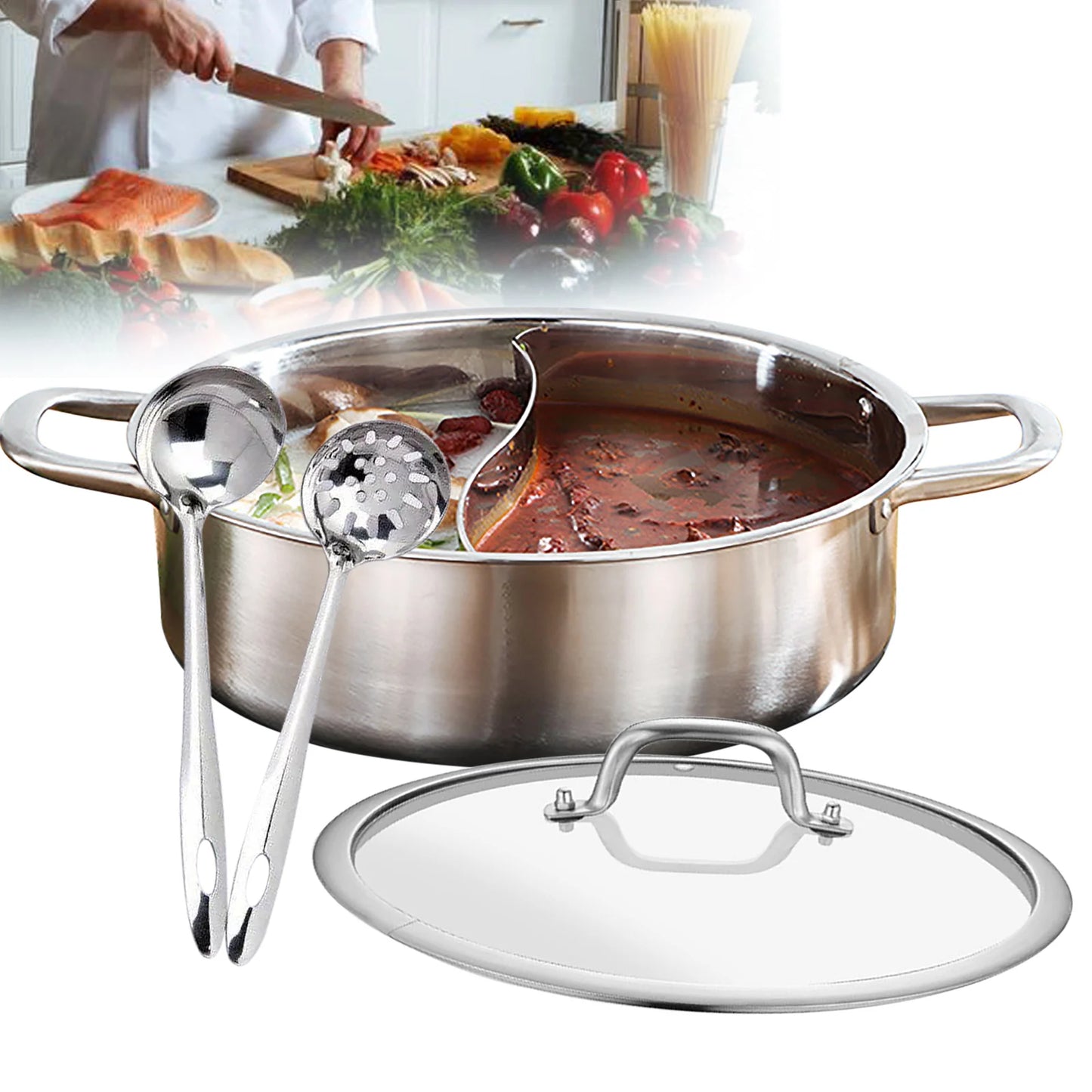 Gold Silver Stainless Steel 304 Dual Side Chambers Hot Shabu Pot Induction Cookware with Glass Lid and Serving Spoons