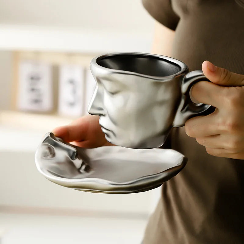 Creative Unique Kissing Face Black White Silver Ceramic Coffee and Teacup Mug with Saucer and Spoon Set