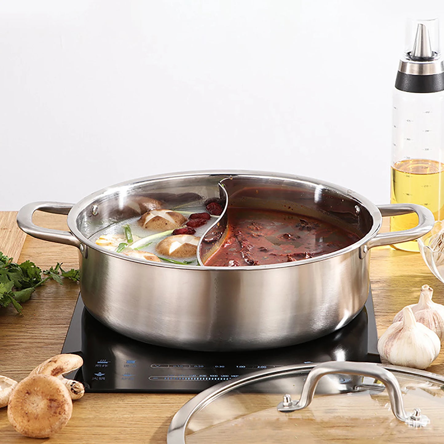 Gold Silver Stainless Steel 304 Dual Side Chambers Hot Shabu Pot Induction Cookware with Glass Lid and Serving Spoons