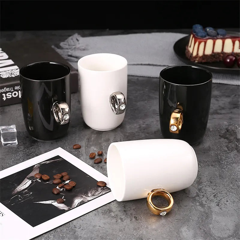 Exquisite Unique Fairly Odd Novelty Diamond Engagement Gold Ring Handle Ceramic Coffee Teacups Mugs with Gift Box