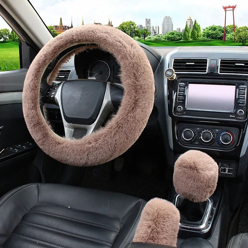Multi Color Faux Fur Soft Cooling Warm Hands Steering Wheel Cover Handbrake Shift Cover 3Pcs Set