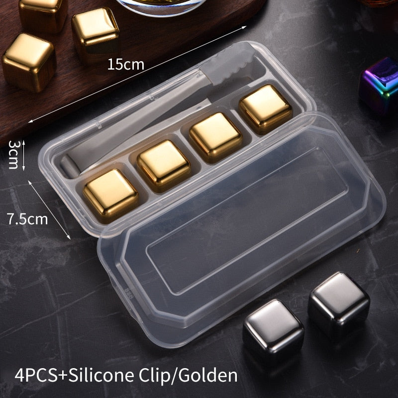 Stainless Steel Ice Cubes Reusable Heart Bullet Round Balls Chilling Stones with Stainless Steel Tong Set
