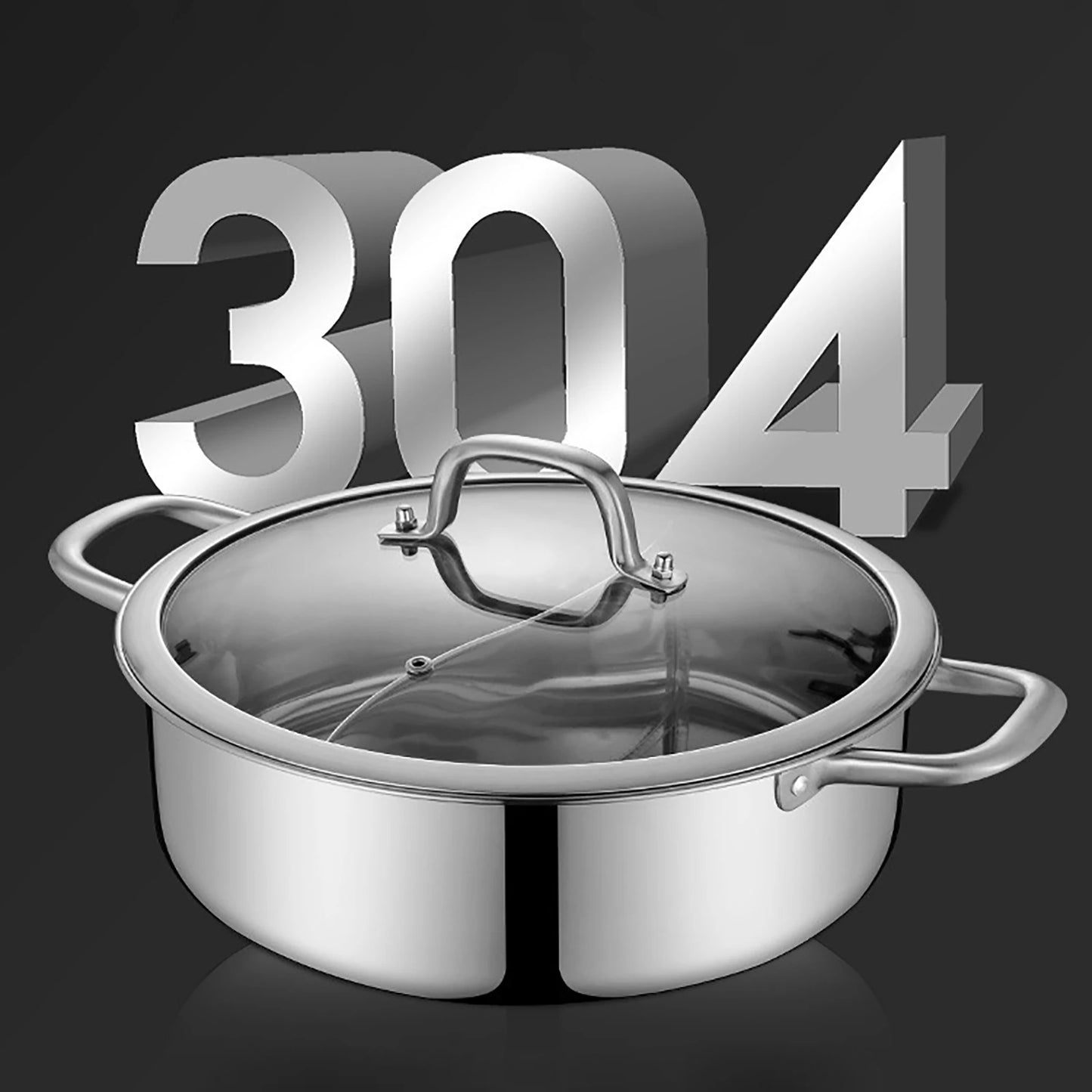 Gold Silver Stainless Steel 304 Dual Side Chambers Hot Shabu Pot Induction Cookware with Glass Lid and Serving Spoons