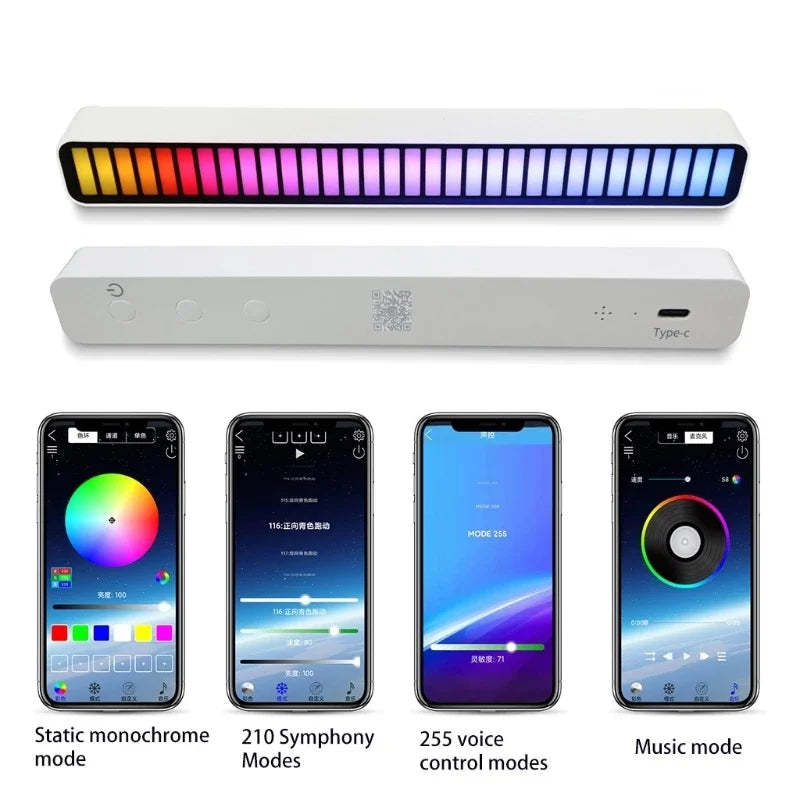 RGB Rechargeable Sound Control Light, Voice-Activated Colorful Synchronous Pickup Music Rhythm Lights, Creative Colorful LED Ambient Light, with 15 Modes Music Sync 32-Bit Audio Spectrum