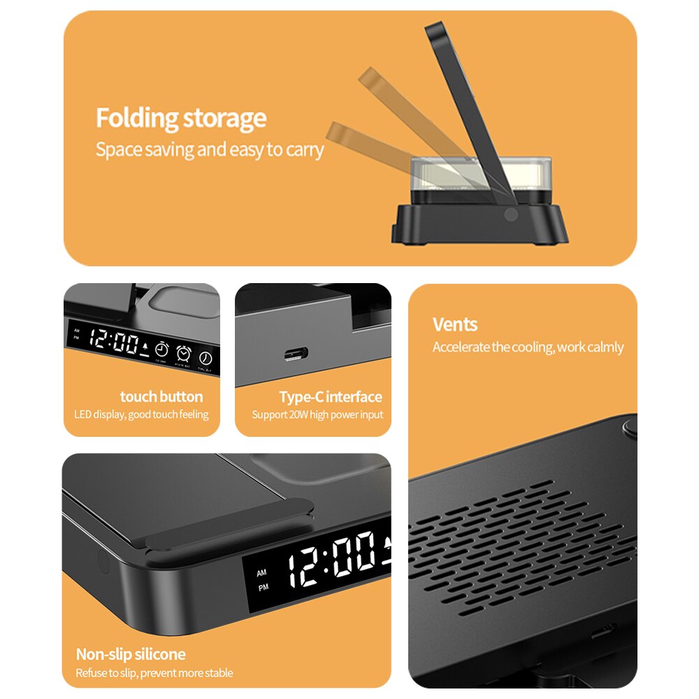 4 in 1 Foldable Multifunction Wireless Charging Station with Alarm Clock Display for iPhone Samsung Apple Watch Air Pods Charger with 7 Colors RGB Night Light