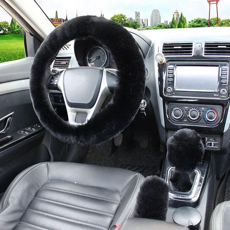 Multi Color Faux Fur Soft Cooling Warm Hands Steering Wheel Cover Handbrake Shift Cover 3Pcs Set