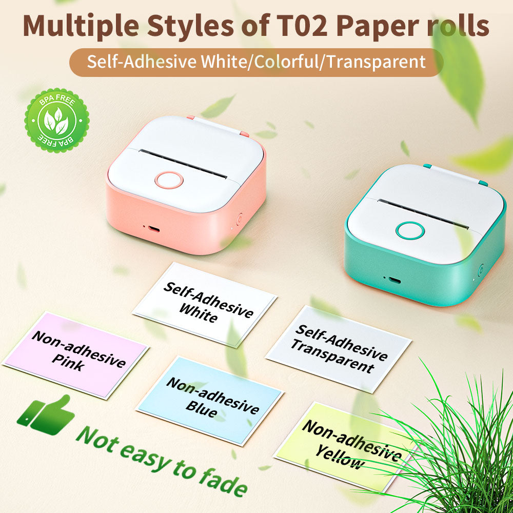 Mini Thermal Wireless T02 Pocket Inkless Printer for Crafting Recipes School Work with Self-adhesive Color White Paper