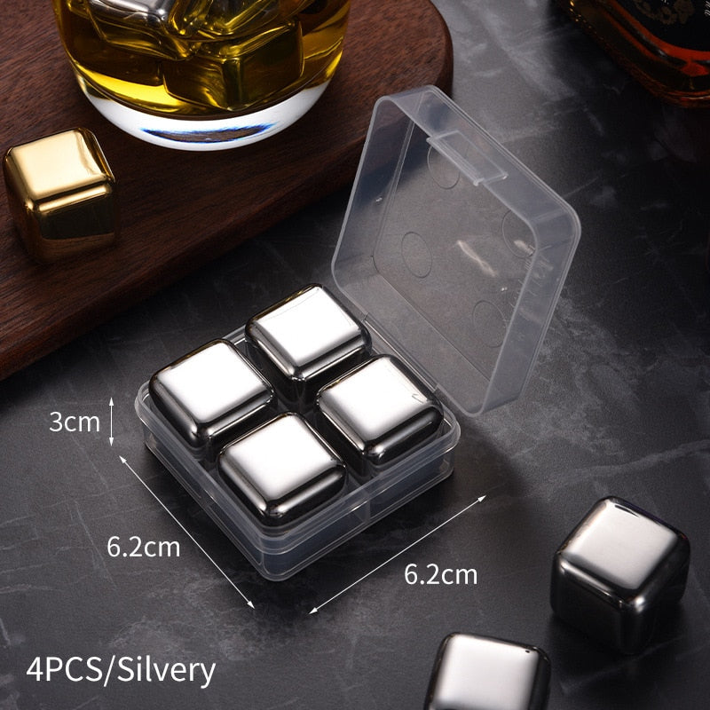 Stainless Steel Ice Cubes Reusable Heart Bullet Round Balls Chilling Stones with Stainless Steel Tong Set