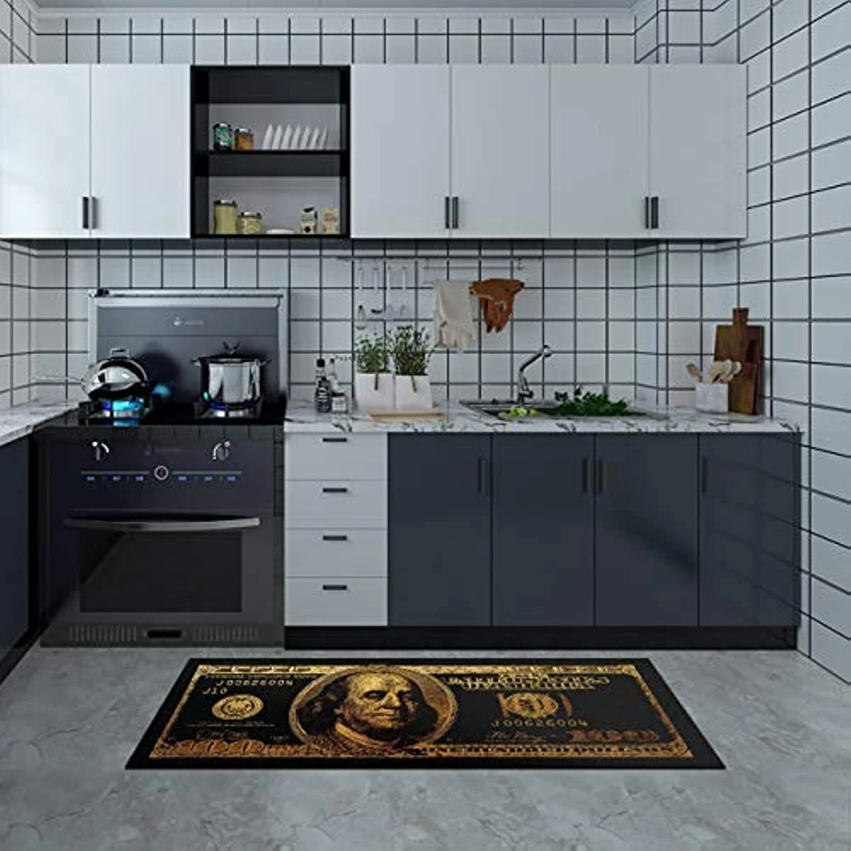 Creative $100 Dollar Bill Money Pink Black Green Non-Slip Floor Bedroom Bathroom Kitchen Long Runner Carpet Rug for Home Decor Size Small Medium Large