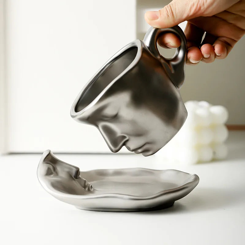Creative Unique Kissing Face Black White Silver Ceramic Coffee and Teacup Mug with Saucer and Spoon Set