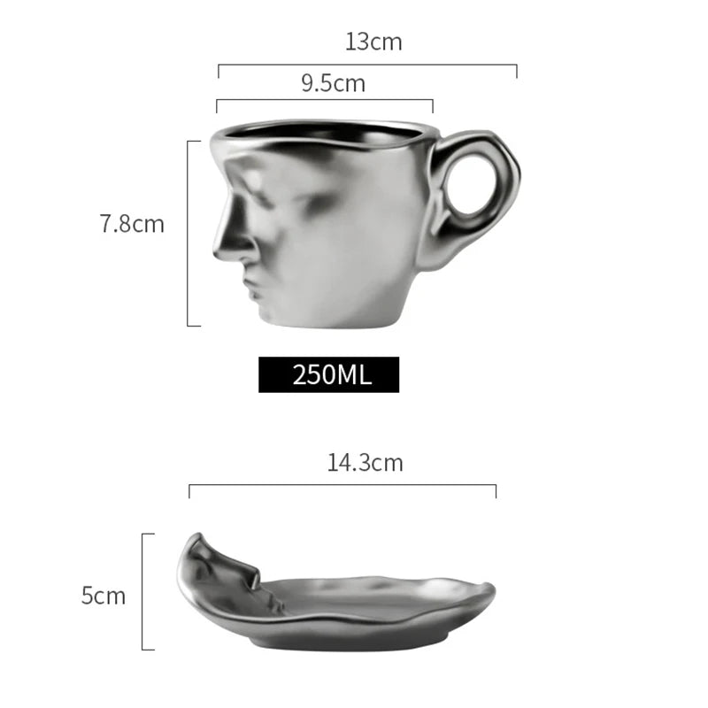 Creative Unique Kissing Face Black White Silver Ceramic Coffee and Teacup Mug with Saucer and Spoon Set