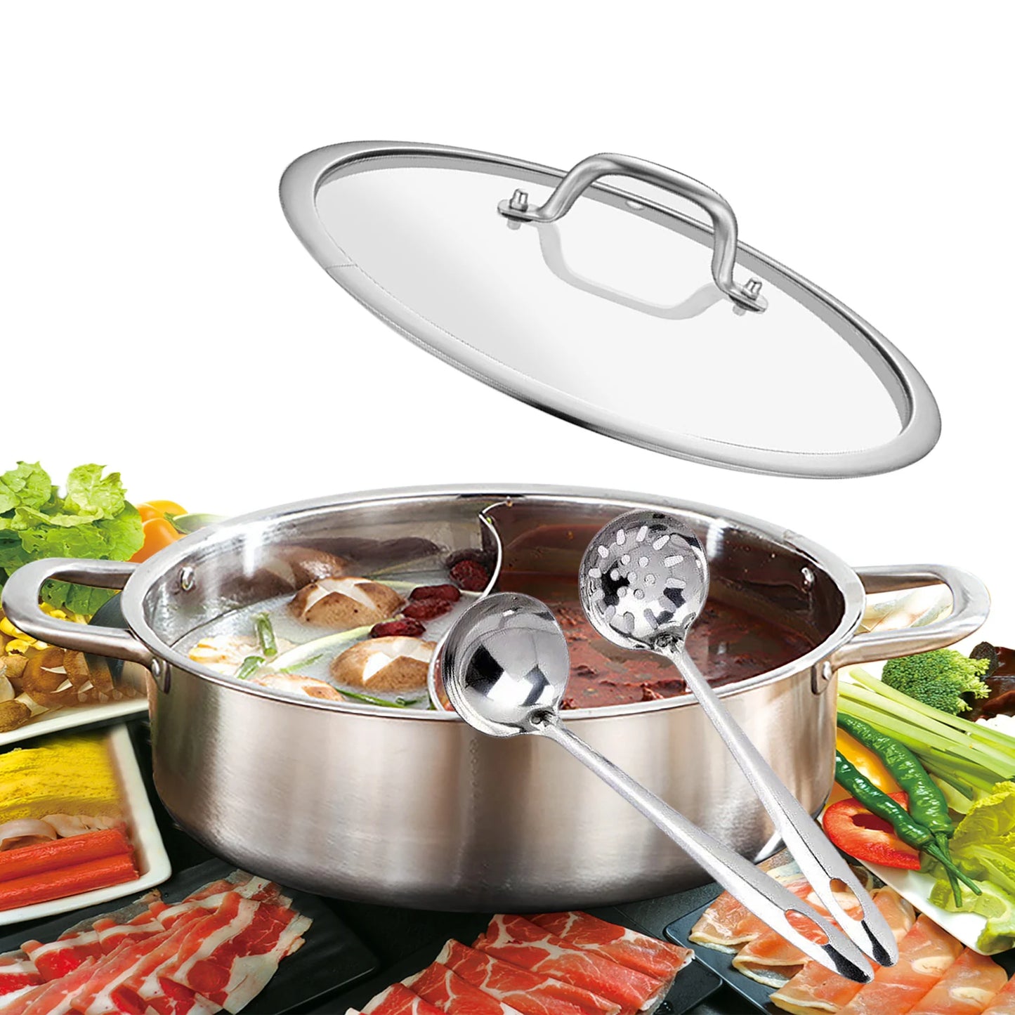 Gold Silver Stainless Steel 304 Dual Side Chambers Hot Shabu Pot Induction Cookware with Glass Lid and Serving Spoons
