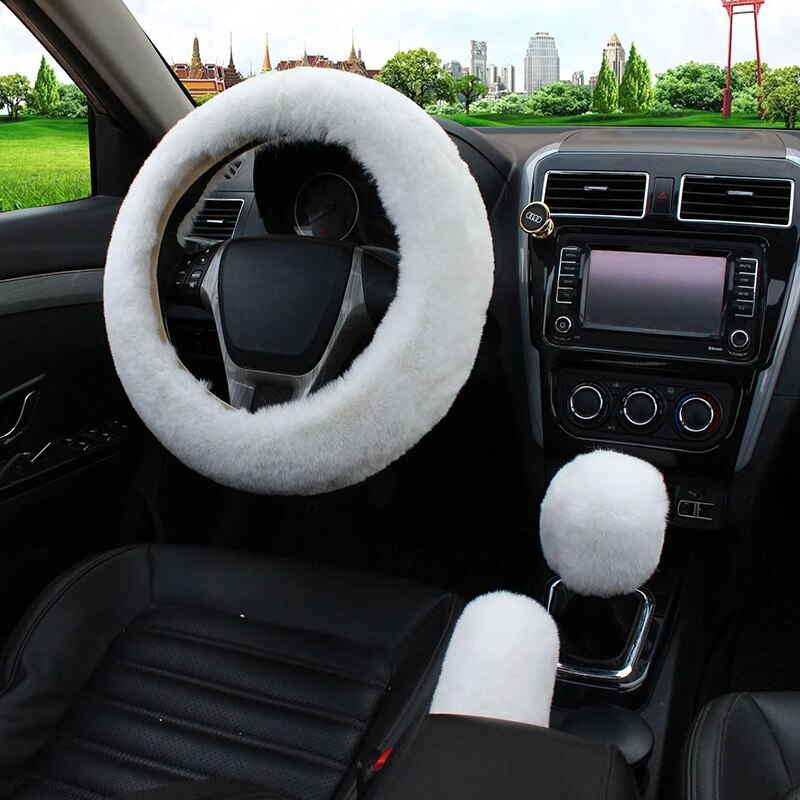 Multi Color Faux Fur Soft Cooling Warm Hands Steering Wheel Cover Handbrake Shift Cover 3Pcs Set