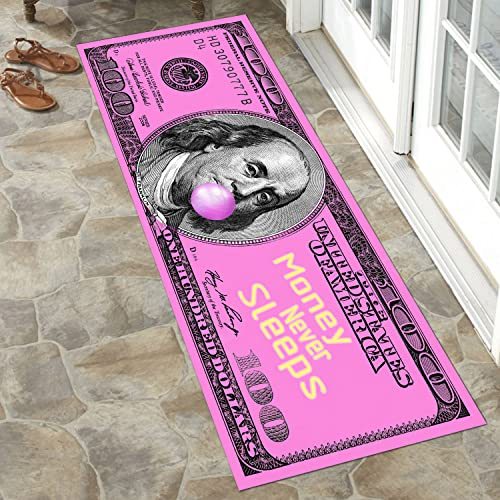 Creative $100 Dollar Bill Money Pink Black Green Non-Slip Floor Bedroom Bathroom Kitchen Long Runner Carpet Rug for Home Decor Size Small Medium Large