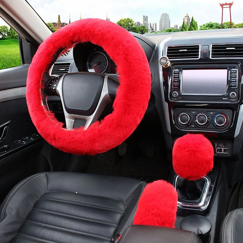 Multi Color Faux Fur Soft Cooling Warm Hands Steering Wheel Cover Handbrake Shift Cover 3Pcs Set