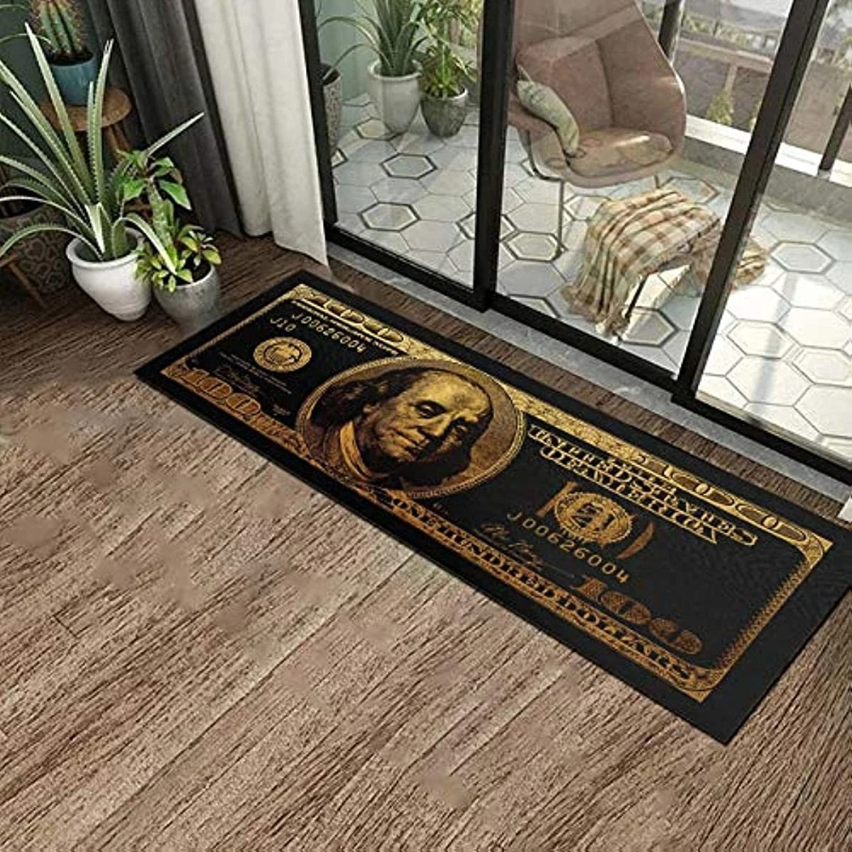 Creative $100 Dollar Bill Money Pink Black Green Non-Slip Floor Bedroom Bathroom Kitchen Long Runner Carpet Rug for Home Decor Size Small Medium Large