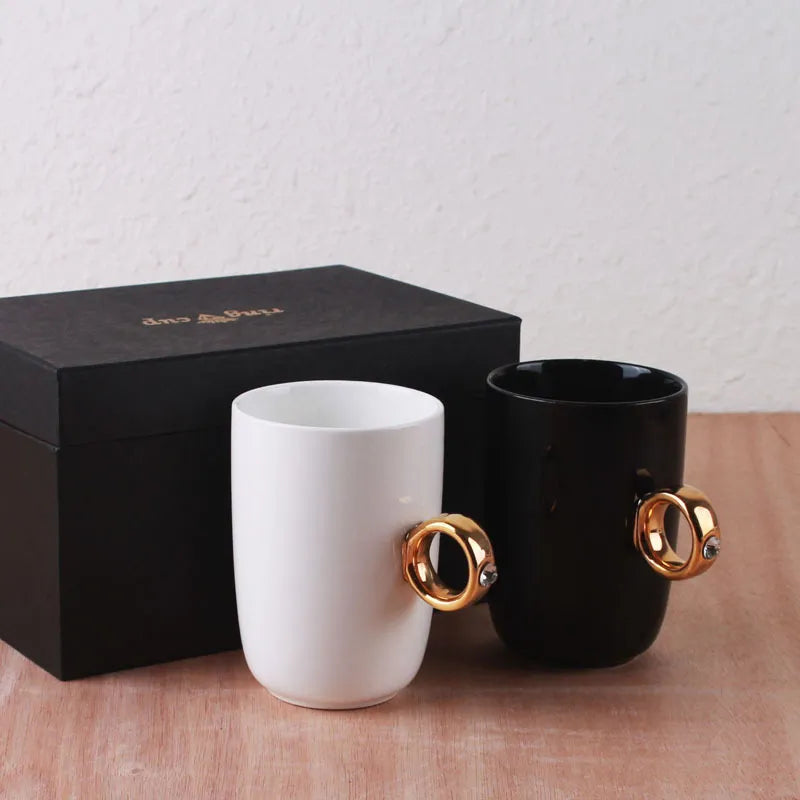 Exquisite Unique Fairly Odd Novelty Diamond Engagement Gold Ring Handle Ceramic Coffee Teacups Mugs with Gift Box