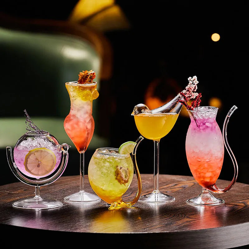 2 Pcs Creative Funky Unique Designed Bird Woman Heart Globe Light bulb Valentine Cocktail Martini Wine Champagne Liquor Stemware Glasses