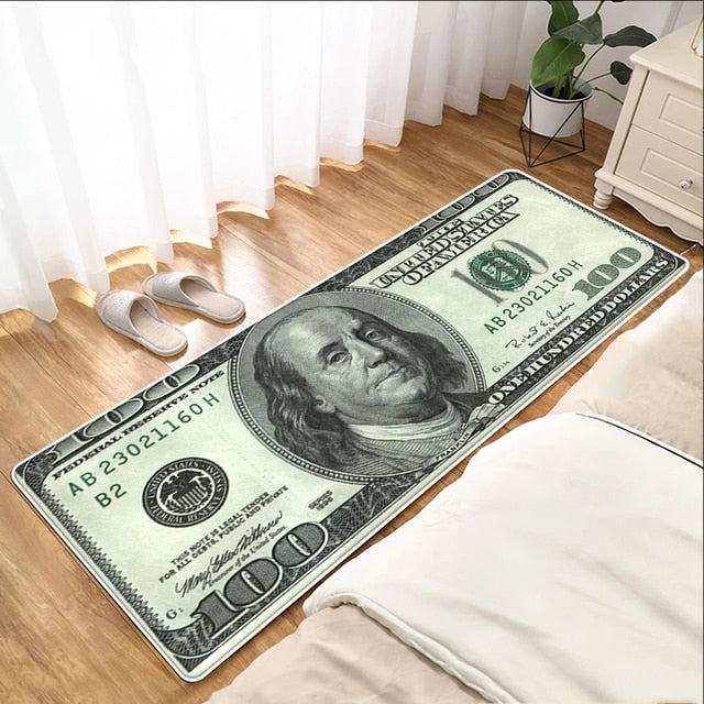 Creative $100 Dollar Bill Money Pink Black Green Non-Slip Floor Bedroom Bathroom Kitchen Long Runner Carpet Rug for Home Decor Size Small Medium Large