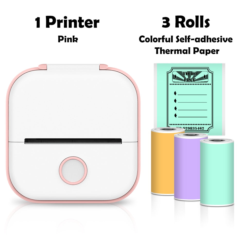 Mini Thermal Wireless T02 Pocket Inkless Printer for Crafting Recipes School Work with Self-adhesive Color White Paper