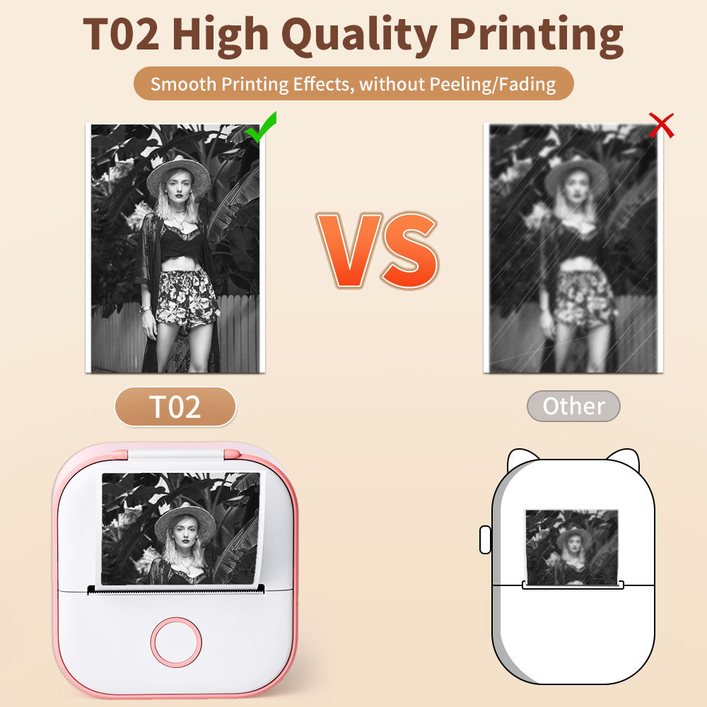 Mini Thermal Wireless T02 Pocket Inkless Printer for Crafting Recipes School Work with Self-adhesive Color White Paper