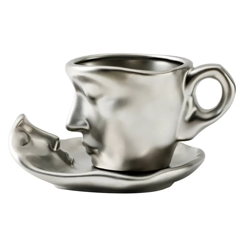 Creative Unique Kissing Face Black White Silver Ceramic Coffee and Teacup Mug with Saucer and Spoon Set