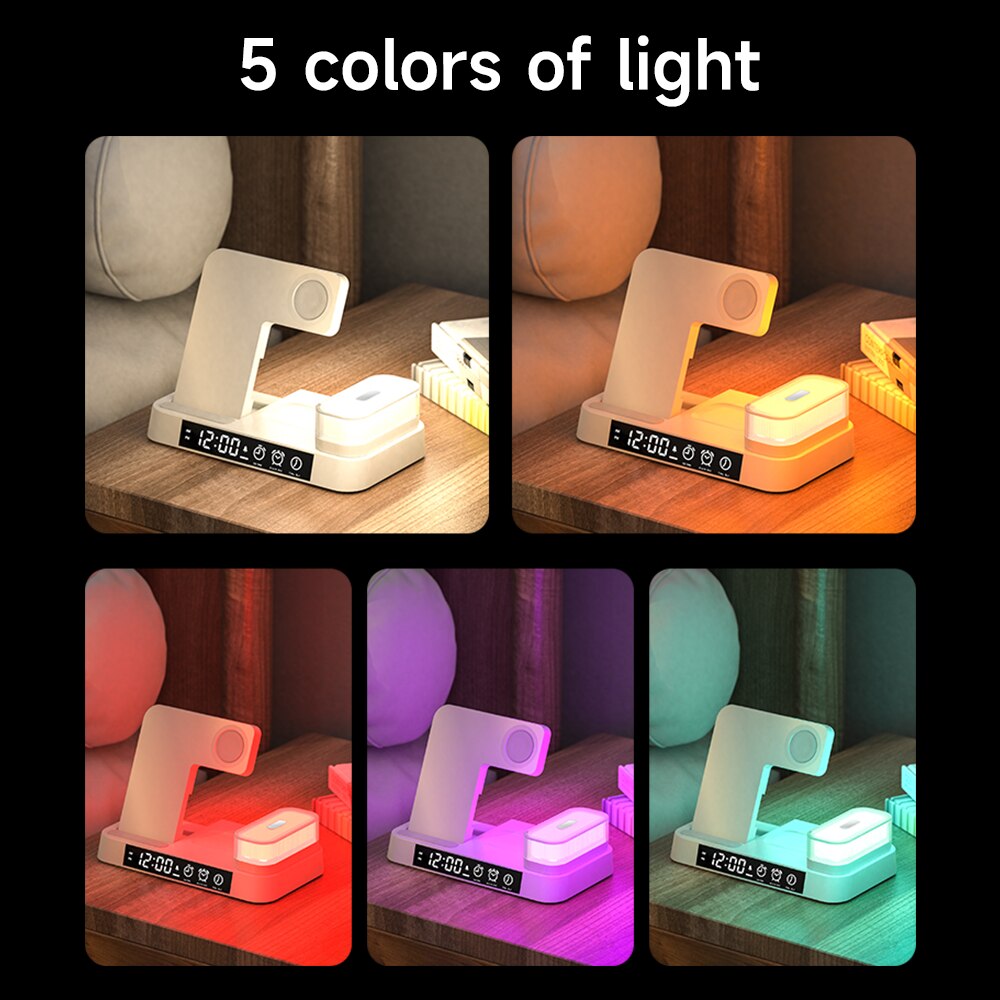 4 in 1 Foldable Multifunction Wireless Charging Station with Alarm Clock Display for iPhone Samsung Apple Watch Air Pods Charger with 5 Colors RGB Night Light