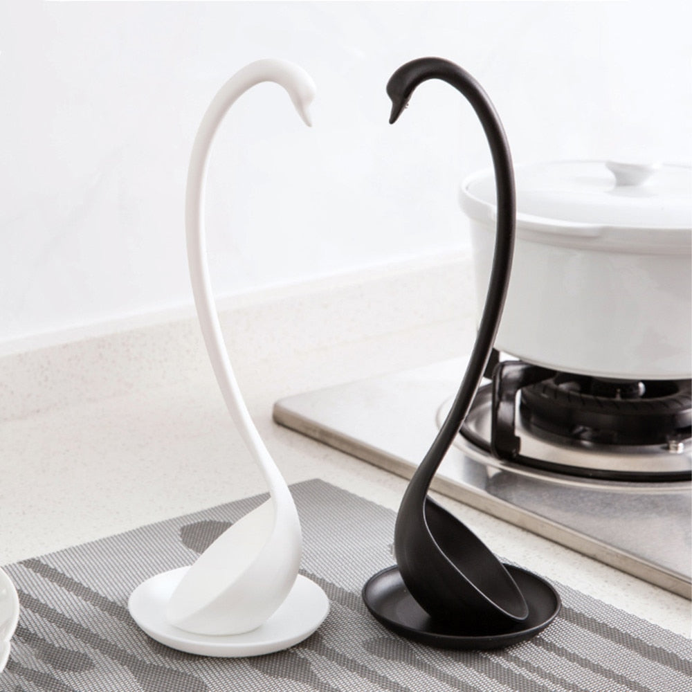 Swan Shaped Soup Ladle Kitchen Spoon White Black Pink Blue Design with Resting Holder
