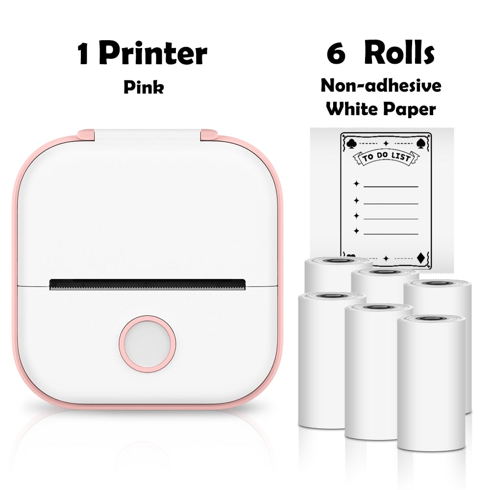 Mini Thermal Wireless T02 Pocket Inkless Printer for Crafting Recipes School Work with Self-adhesive Color White Paper