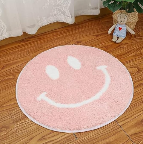 Happy Face Yellow Pink Blue Green Retro Aesthetic Non-Slip Bedroom Bathroom Room Decor Rug