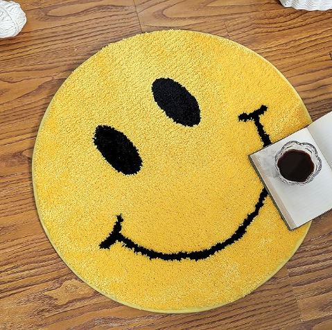 Happy Face Yellow Pink Blue Green Retro Aesthetic Non-Slip Bedroom Bathroom Room Decor Rug