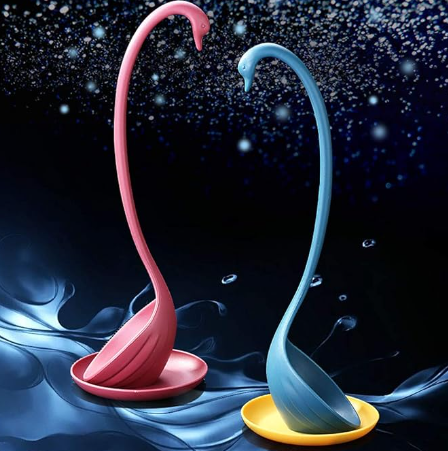Swan Shaped Soup Ladle Kitchen Spoon White Black Pink Blue Design with Resting Holder