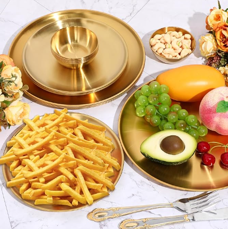 Stainless Steel Rainbow Iridescent Gold Silver Dinner Plates Tableware Cookware with Matching Utensils