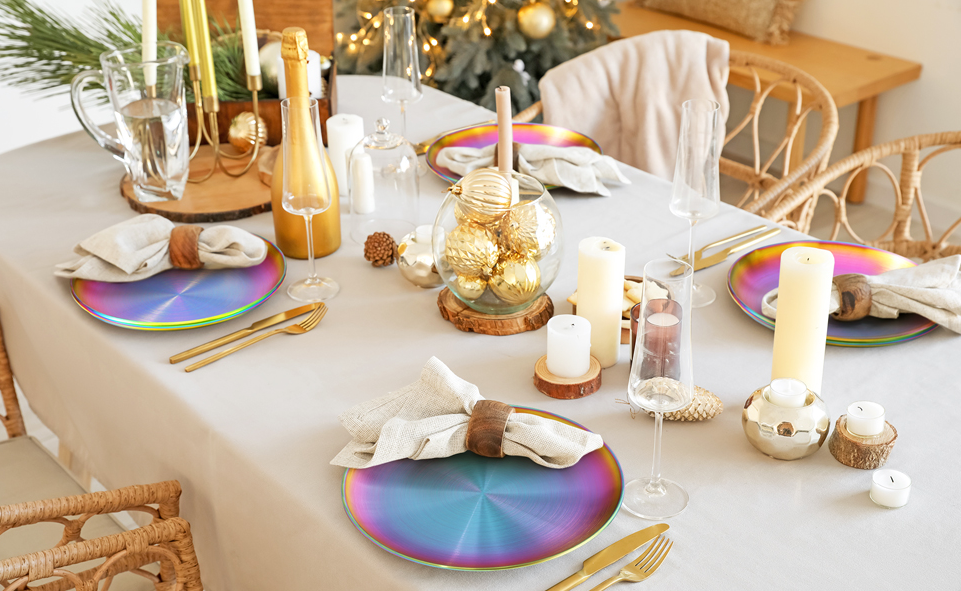 Stainless Steel Rainbow Iridescent Gold Silver Dinner Plates Tableware Cookware with Matching Utensils 9 inch to 12-inch Plate Sets