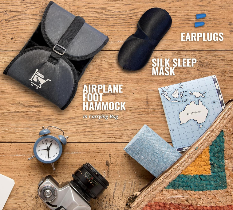 Airplane Travel Foot Hammock with Sleep Mask and Earplug