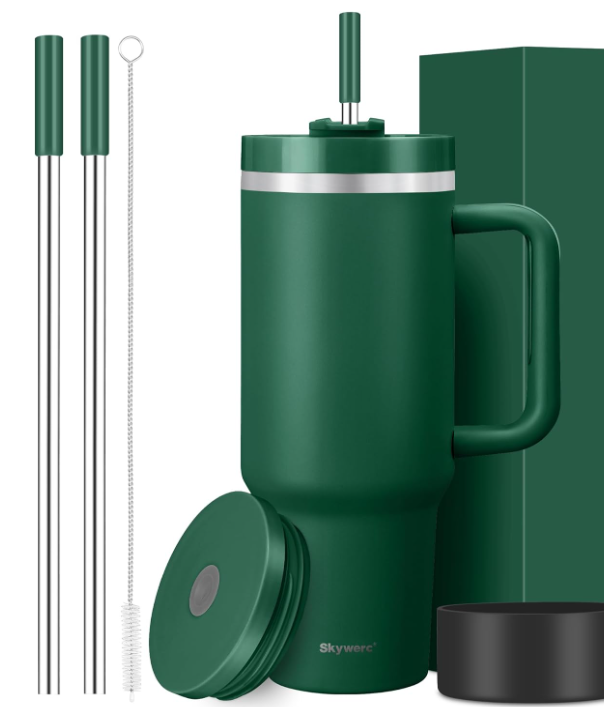40 oz Double Wall Insulated Stainless Steel Tumbler Stanley Inspired with Handle and 2 Straws LeakProof Lids Water Bottle Travel Coffee Mug with Gift Box
