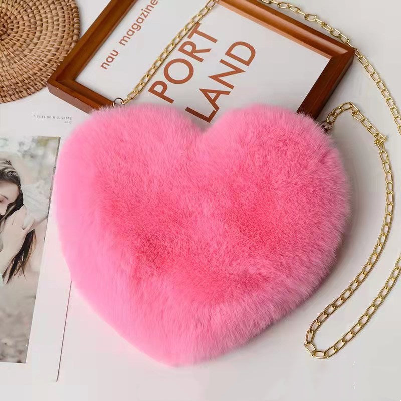 Plush Faux Fur Fun Love Shaped Chain Shoulder Bags Purse with Metal Strap for Birthday Valentine Gifts
