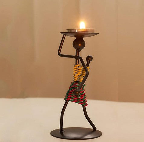 African Lady Figurine Tealight Candle Holder, Tabletop Candle Scape, Retro Iron Candle Stands Decor(2Pcs) Aromatherapy Handmade Oblique Glass Mosaic Candle Holder