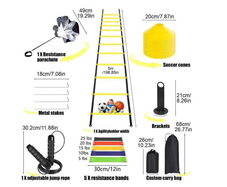 Agility Speed Training Equipment Set Agility Ladder with Steel Spikes Resistance Bands Cones, Jump Rope, Running Resistance Umbrella for Kids Teens Adults