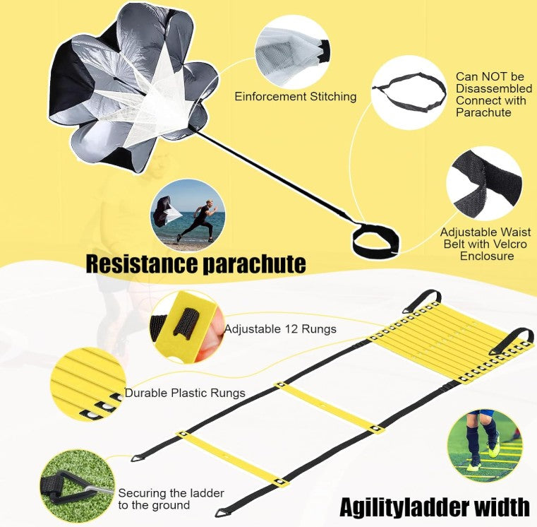 Agility Speed Training Equipment Set Agility Ladder with Steel Spikes Resistance Bands Cones, Jump Rope, Running Resistance Umbrella for Kids Teens Adults