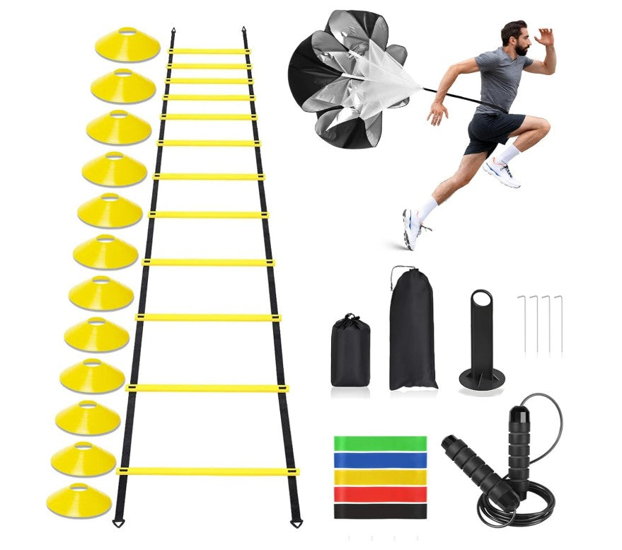 Agility Speed Training Equipment Set Agility Ladder with Steel Spikes Resistance Bands Cones, Jump Rope, Running Resistance Umbrella for Kids Teens Adults