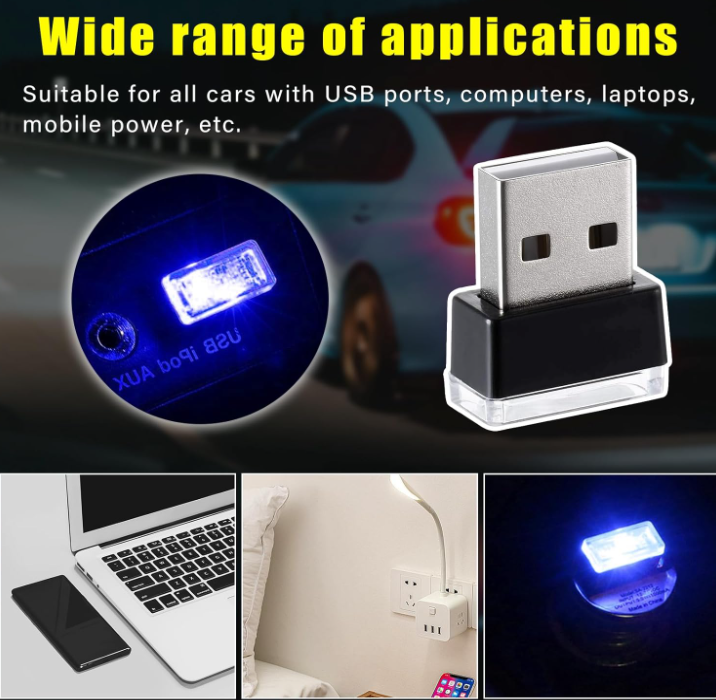 4 PCS USB LED Portable Universal Car Vehicle Interior Ambient Atmosphere Lamp Plug-in Decor Night Light Kit